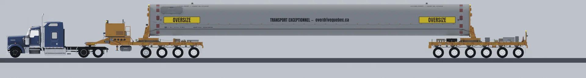 3D render, side view: a blue truck pulls a 4-axle gooseneck that carries the front of a long grey wind tower, then a 6-axle rear bogie under the other end, every tyre on the road.