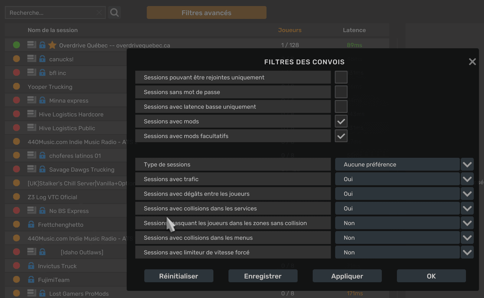 Les filtres avancés du lobby du convoi, avec Sessions avec mods et Sessions avec mods facultatifs cochées